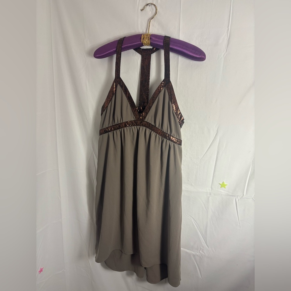 Brown Babydoll Empire Waist Metallic Copper High Lo Boho Mini Dress Size M